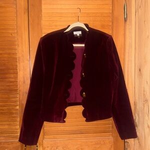 avara cranberry velvet jacket with gold buttons